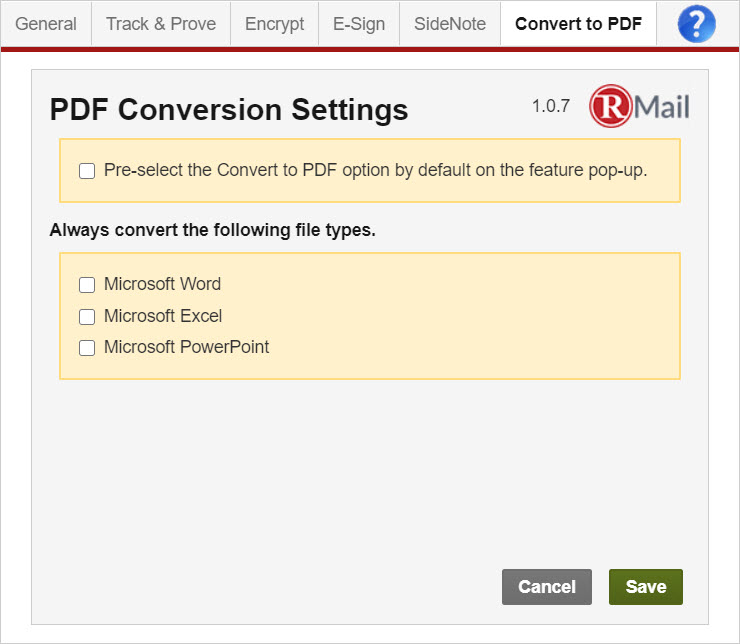 RMail for Gmail - PDF Convert Setting