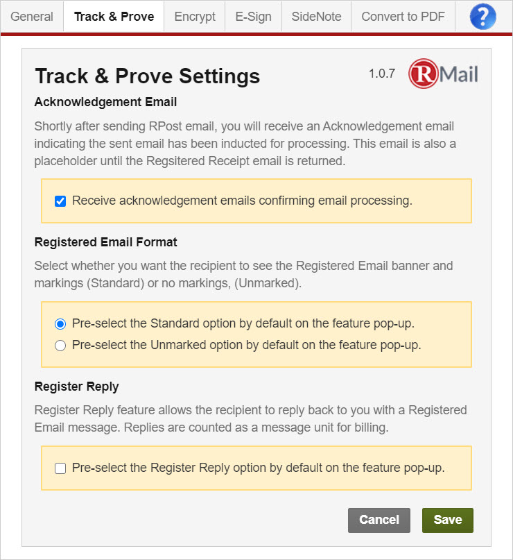 RMail for Gmail - Track and Prove Settings