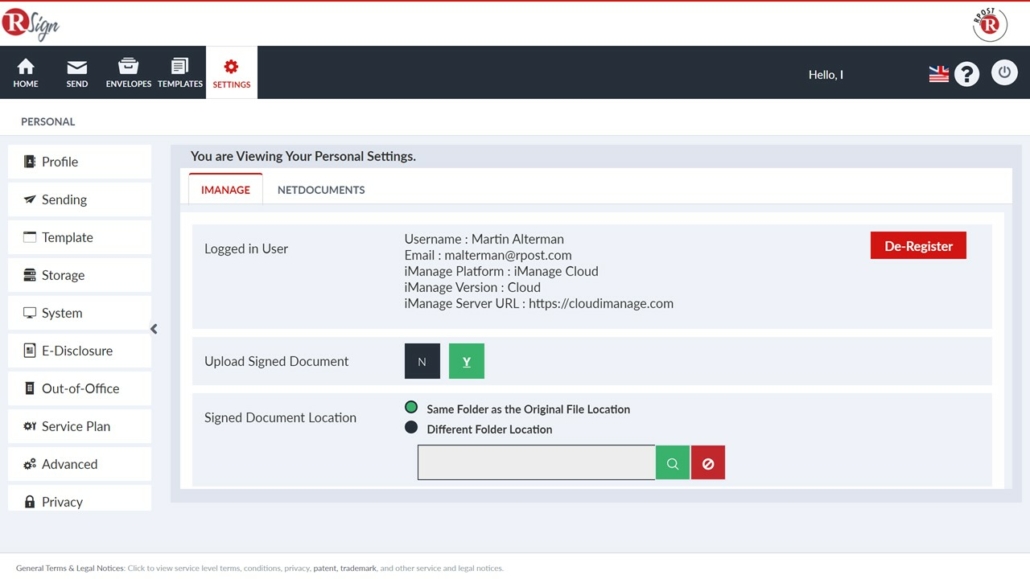 User Registration in RSign With iManage Credential